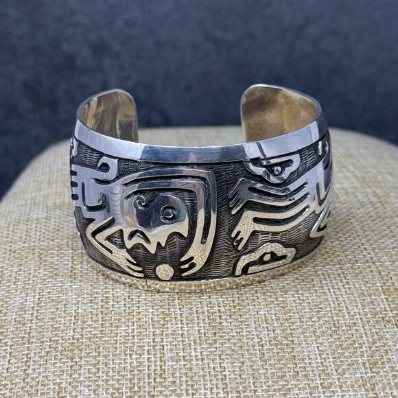 Vintage Heavy Mexico 925 Sterling Silver Monkey Tribal Cuff Bracelet 72 Grams - Picture 1 of 15